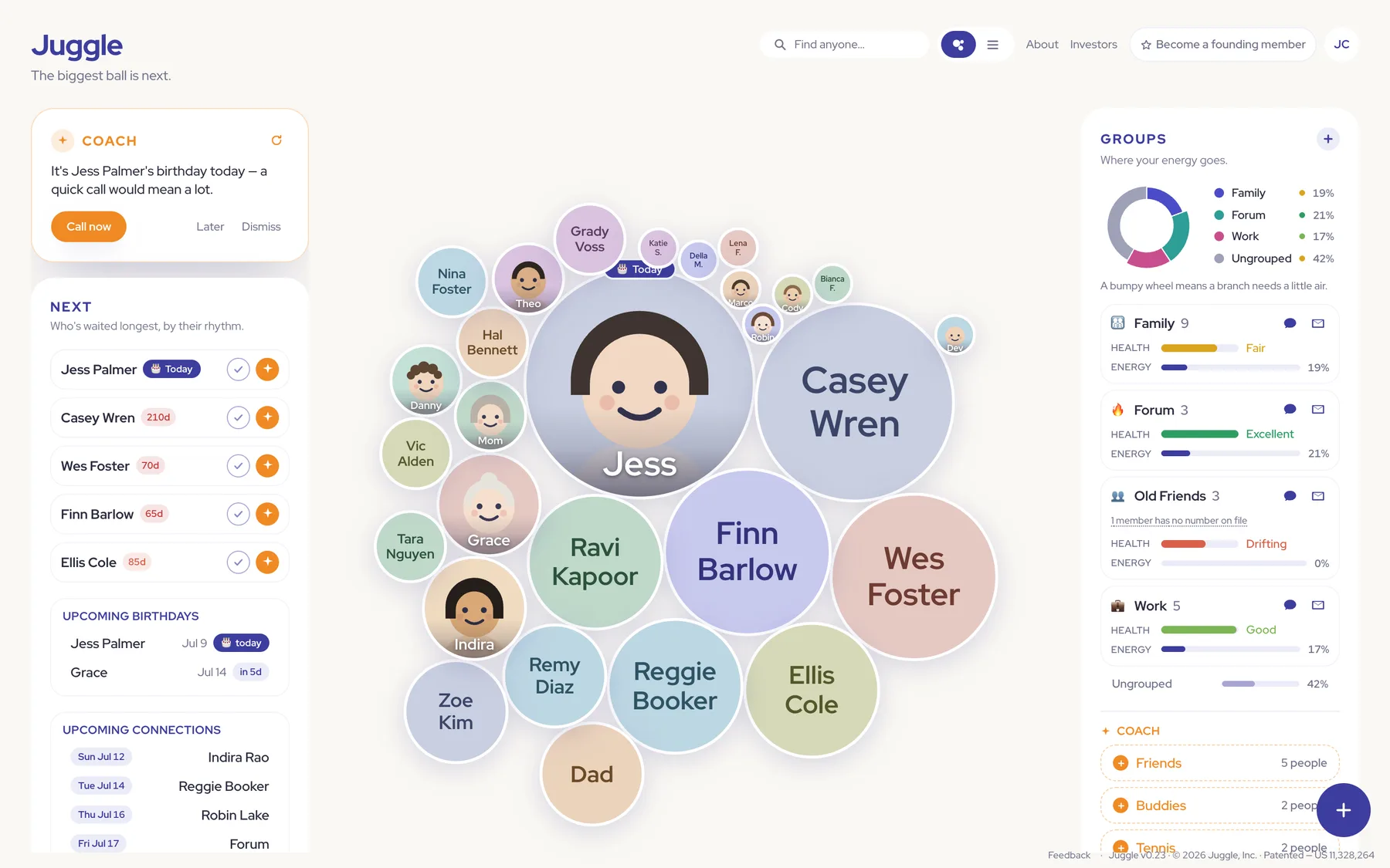 The Juggle app: your people as faces on one screen, sized by who needs to hear from you, with the Coach suggesting a poker night for six friends and your next people queued on the left