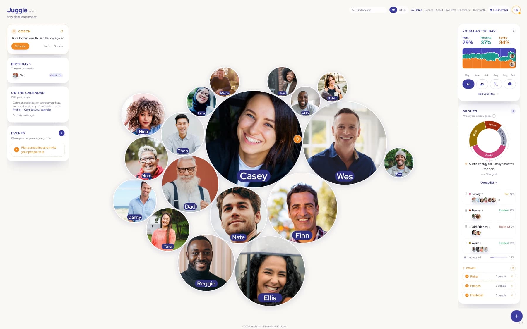 The Juggle app: your people as faces on one screen, sized by how long it has been, with your next person unmistakably next