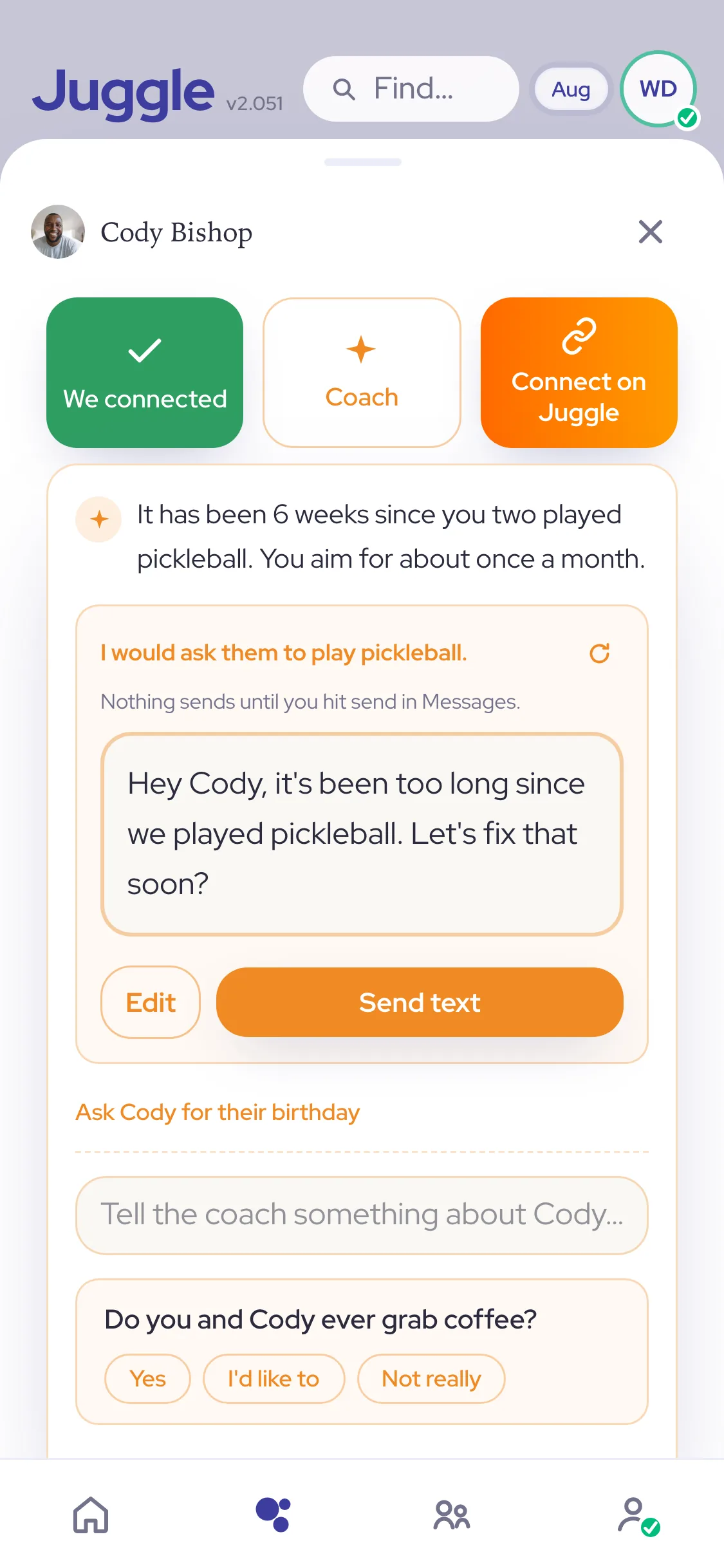 Cody’s card in Juggle with the Coach open: the drafted text, an Edit button, and a Send text button