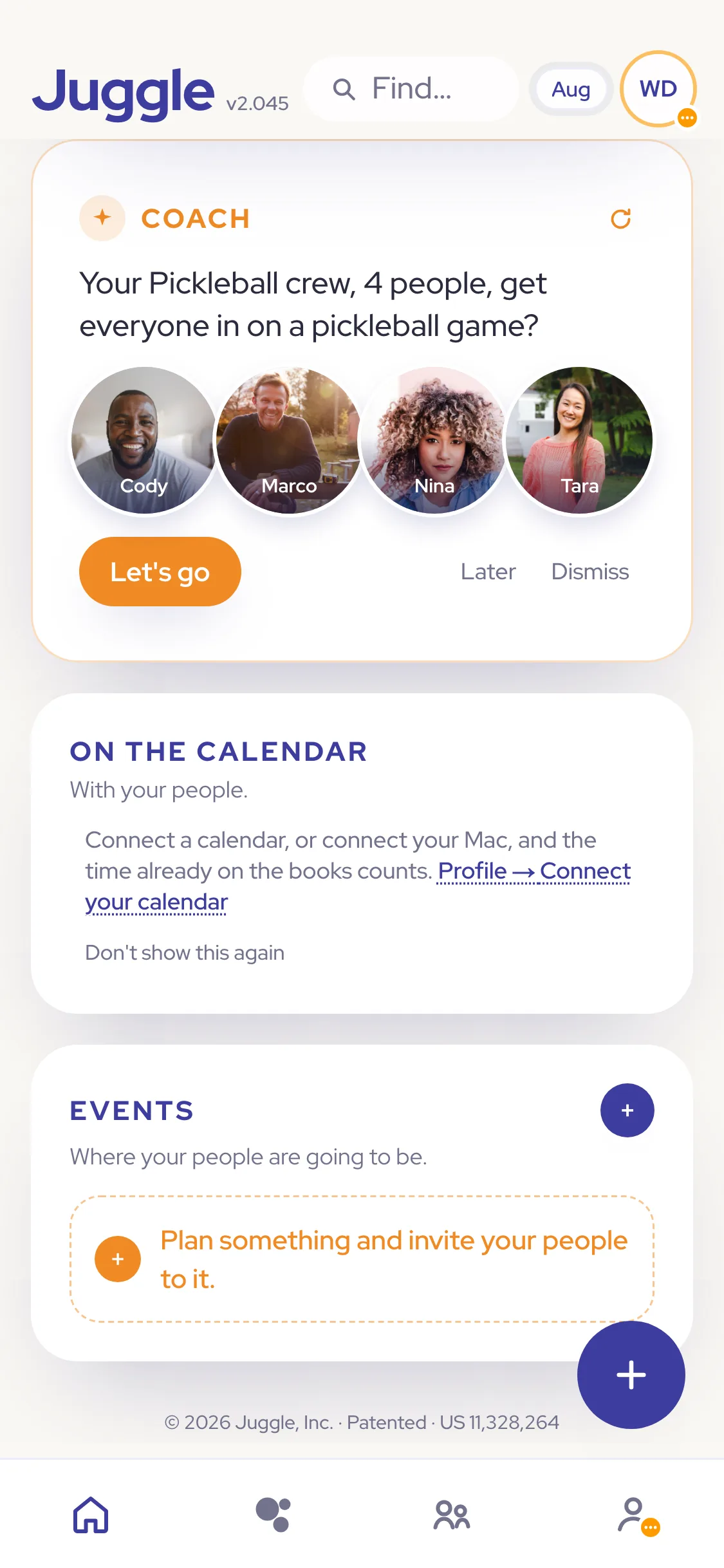 The Coach’s hint on the home screen, Your Pickleball crew, 4 people, get everyone in on a pickleball game? with Cody, Marco, Nina, and Tara