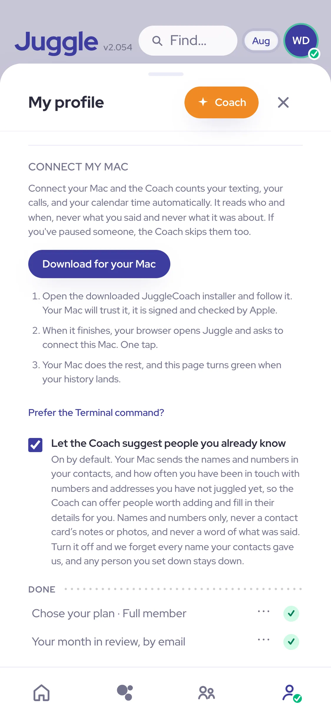 My profile with Connect your Mac open: the Download for your Mac button and its three steps